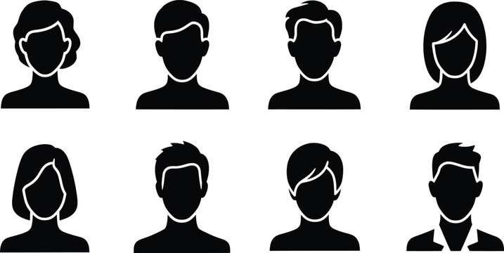 Silhouette of eight people with various hairstyles and facial features