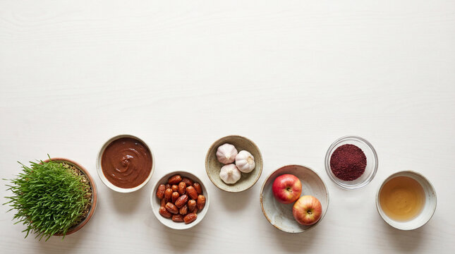 Nowruz haft sin ingredients on white. Nowruz haft sin bowls with sabzeh, samanu, dates, garlic, apples, sumac, tea, clean copy space for Nowruz Persian New Year banner, spring equinox theme