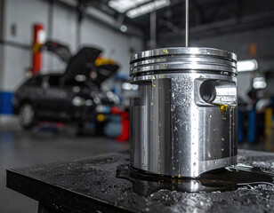 Closeup of a metallic engine piston with glistening oil drops in a blurred workshop. Ideal for car repair services, engineering concepts, and mechanical industrial marketing materials.