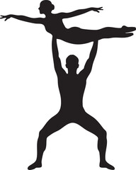 Silhouette of two people in yoga pose with arms raised