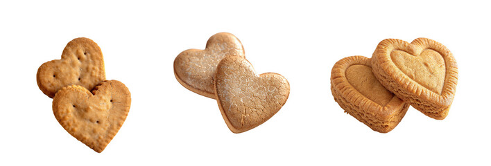 Three delicious heart shaped cookies presented in a simple arrangement on transparent background