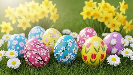 Beautiful easter eggs with floral patterns in a field of daffodils and daisies on a sunny day