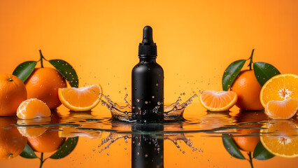 Black cosmetic dropper bottle with orange splash on bright background