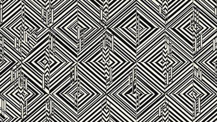 Black and white intricate geometric pattern with repetitive diamond shapes creating an optical illusion
