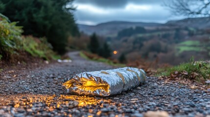 Obraz premium Emergency thermal blanket reflecting ambient light on a gravel path with hills and trees in the background during twilight