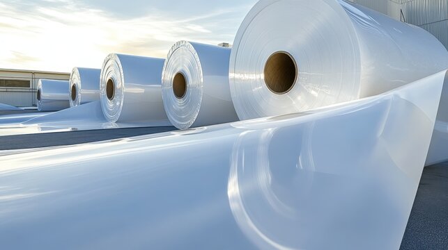 Large rolls of heavy duty plastic sheeting material in an industrial setting - Powered by Adobe