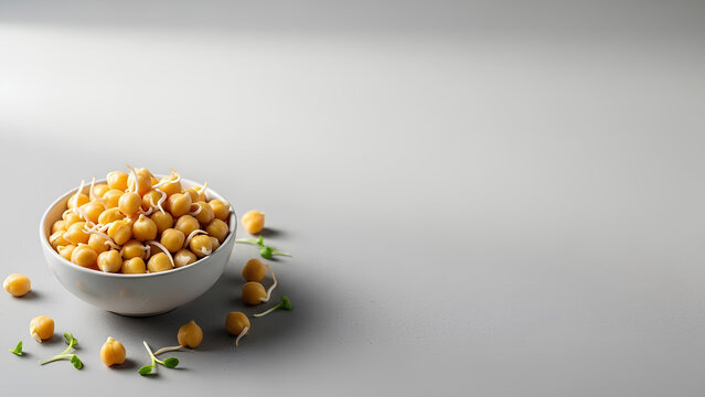 Small bowl of sprouted chickpeas placed in the bottom-left corner of a wide light gray surface, large uncluttered area around it serving as negative space for text overlays, fresh and health-focused.