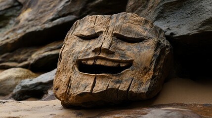 Eroded stone carving of an ancient face with worn smooth features set against a textured rock background