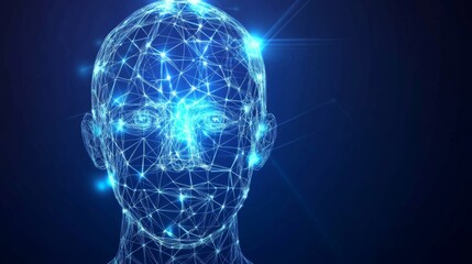 Glowing blue lines form a digital human head, symbolizing artificial intelligence and technology, against a dark backdrop, creating a modern and futuristic atmosphere