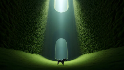 Surreal glowing tunnel in green forest with deer for fantasy landscape concept