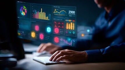 Professional analyzing business data on creative interactive display