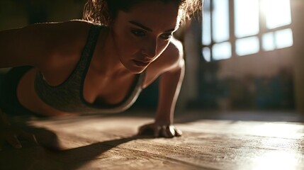 Woman performing push up exercise showing determination and strength