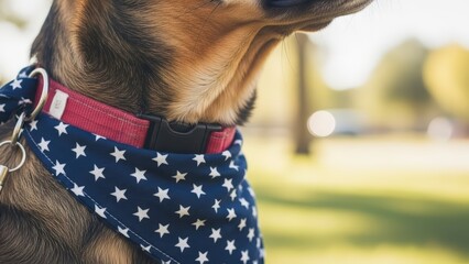 Dog Wearing Patriotic Star Bandana Outdoors.