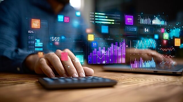 Business person analyzing financial data on futuristic dashboard - Powered by Adobe