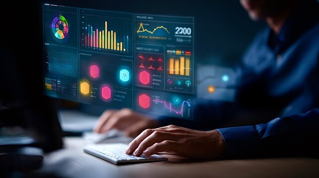 Professional analyzing business data on creative interactive display - Powered by Adobe