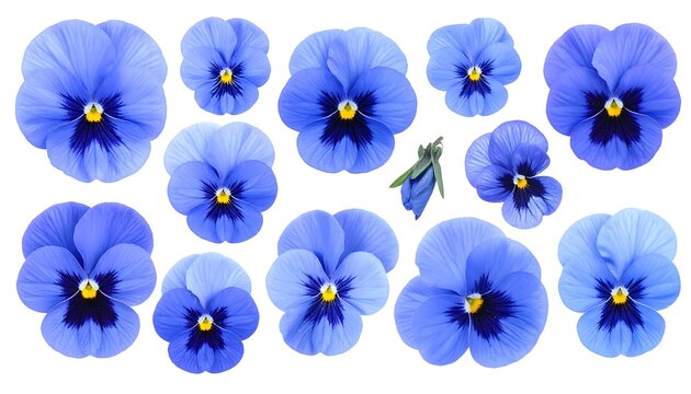 Several vibrant blue flowers arranged against a clean white backdrop, showcasing their delicate petals and yellow centers