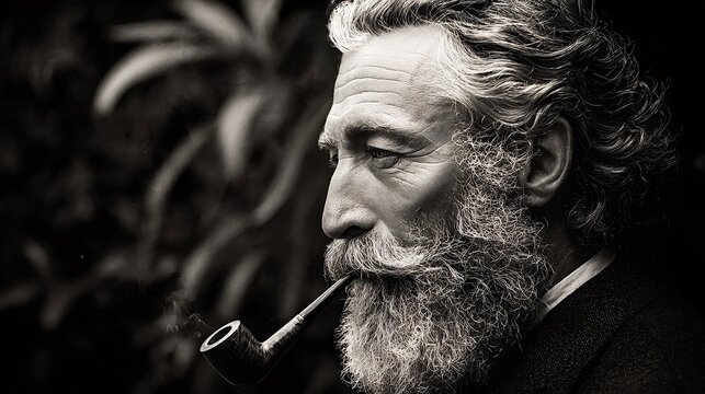 Senior man with white beard contemplating while smoking pipe