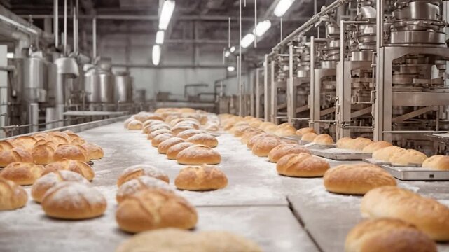 Bread loaves are laid out on a long surface in a bakery. They have just been baked and are cooling. The bakery has large machines in the background. Flour is scattered on the surface