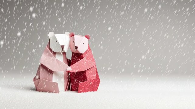 Two paper bears are sitting side by side in a winter scene. The bears are made from folded paper. Snowflakes fall around them. This setting shows a festive mood for Valentine's Day.