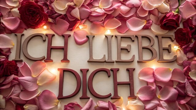 &ldquo;Ich liebe dich&rdquo; sculpted from rose petals, close-up macro, layered depth, soft romantic lighting, elegant composition