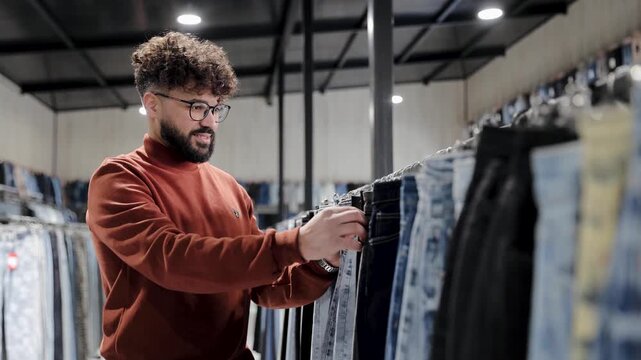 Young man shopping for jeans in a retail store, browsing clothing racks with a happy expression