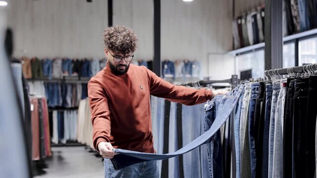 Young man browsing and selecting new denim jeans in a modern apparel store, focusing on consumer choice and retail experience