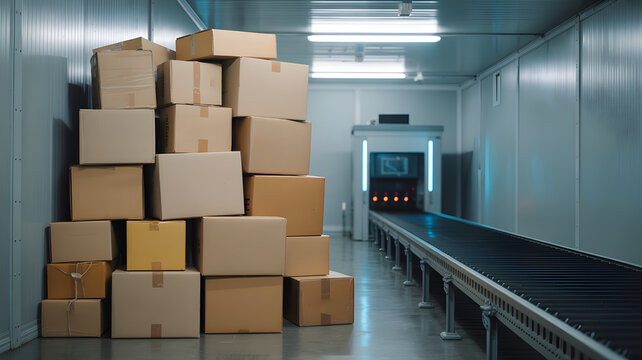 Cardboard boxes piling near automated conveyor belt system - Powered by Adobe