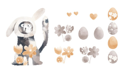 Cute cat wearing a bunny hat illustration and Easter eggs, flowers. Easter hand drawn elements. 