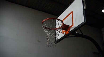 Basketball hoop and backboard in gym, indoor court