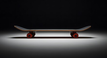Skateboard with red wheels on black background for sports and action concept
