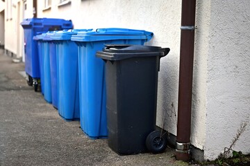 Trashcans  standing at the roadside ready for collection and emptying. 