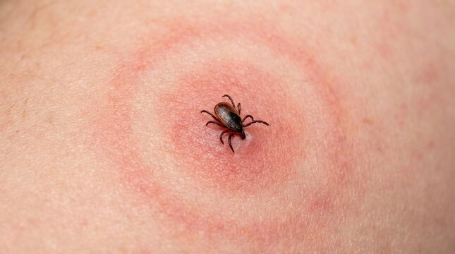 Tick bite on human skin with red bullseye rash