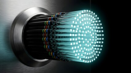 Close-up of fiber optic cables with glowing blue light