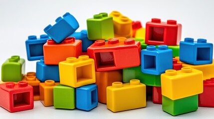 Obraz premium A bright pile of colorful children's building blocks made from plastic for playtime and learning