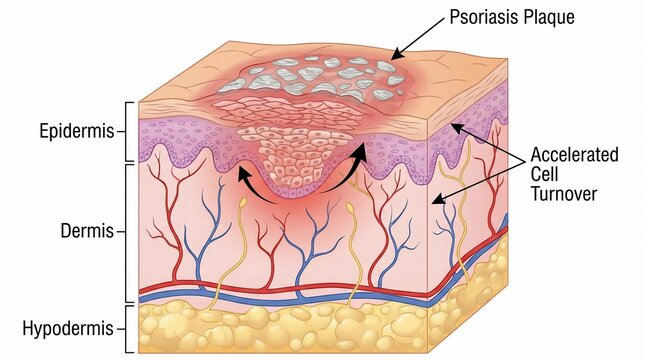 Medical Illustration of Human Skin Layers Showing Psoriasis Plaque