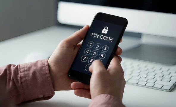 Person holds a smartphone displaying a 'pin code' entry screen, inputting digits for secure access.