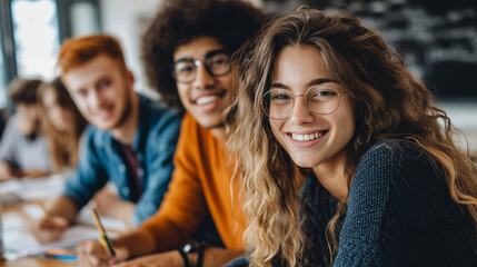 Obraz premium Happy Teen Students Studying Together in Group