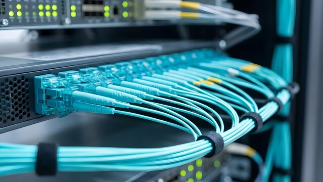 Network server with organized blue ethernet cables and patch panel - Powered by Adobe