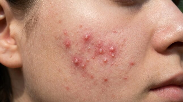 Dermatological view of severe acne on female cheek
