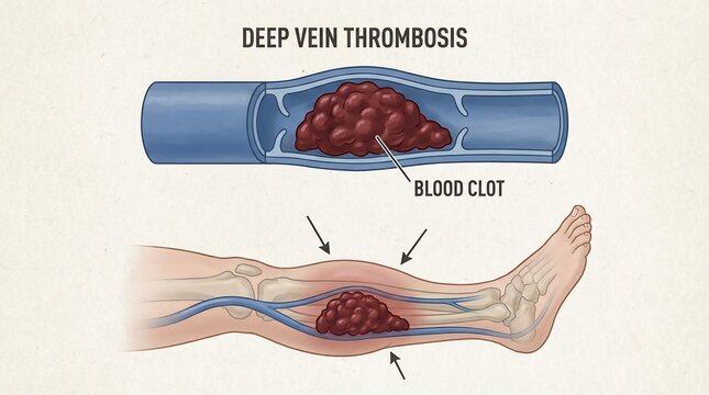 Medical diagram showing deep vein thrombosis in a human leg