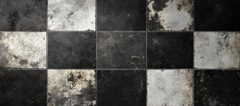 Grungy checkerboard pattern featuring worn black and white floor tiles texture