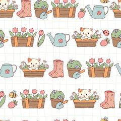 Garden doodles seamless pattern on checkered background for wrapping papers, textile prints, nursery decor, wallpaper, etc. EPS 10