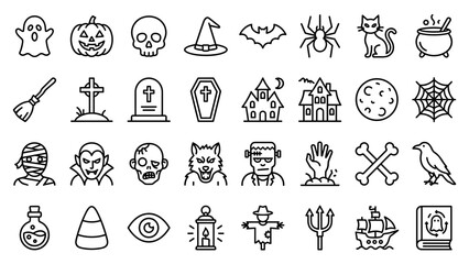 Halloween vector line icons set. Spooky minimalistic outline symbols collection. Scary autumn holiday elements. Pumpkin ghost bat skull witch. Minimal black graphic bundle.
