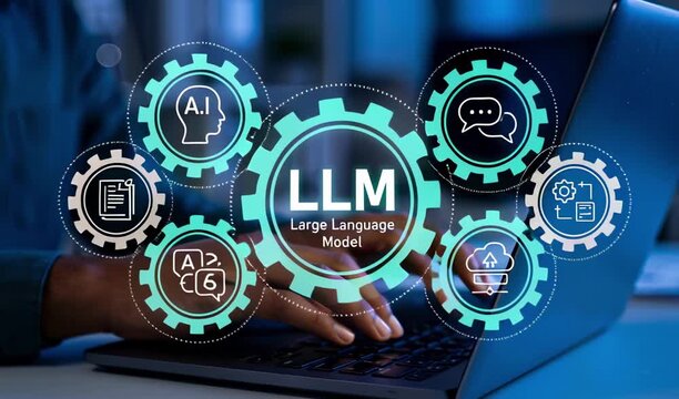 Person types on a laptop, surrounded by glowing gears representing a large language model (llm) and ai.