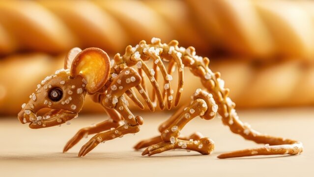 Unique snack food sculpture of a delicate rat skeleton