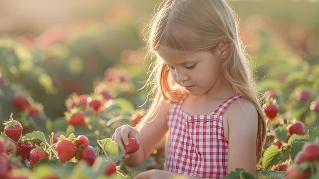 A girl stands in a strawberry field during summer. She enjoys picking ripe strawberries from the bushes. The sun shines brightly as she focuses on her task, surrounded by red fruits