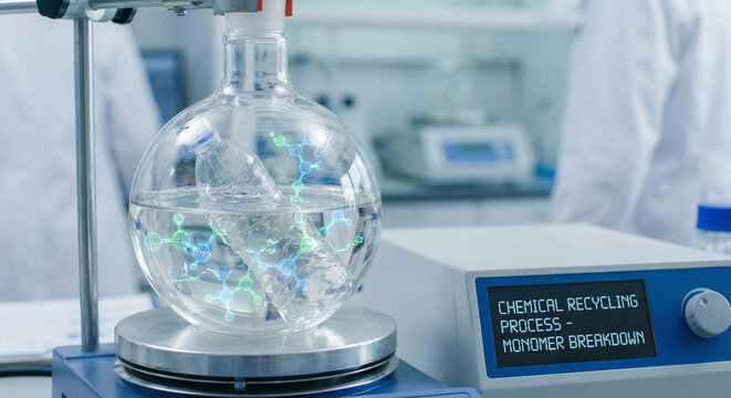 Chemical recycling concept with plastic dissolving into liquid monomer in flask