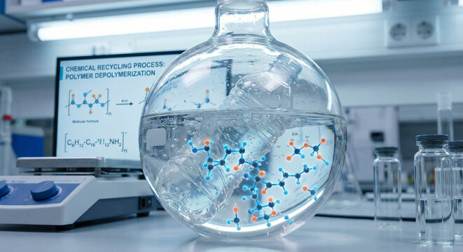 Chemical recycling concept with plastic dissolving into liquid monomer in flask