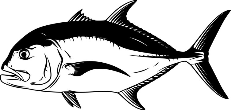 silhouette photo of giant trevally with white background
