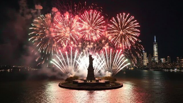 Epic Fireworks Erupt Behind Statue of Liberty over New York City Skyline at Night